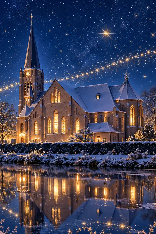Sfeerbeeld: de verlichte kerk van Saasveld aan het water