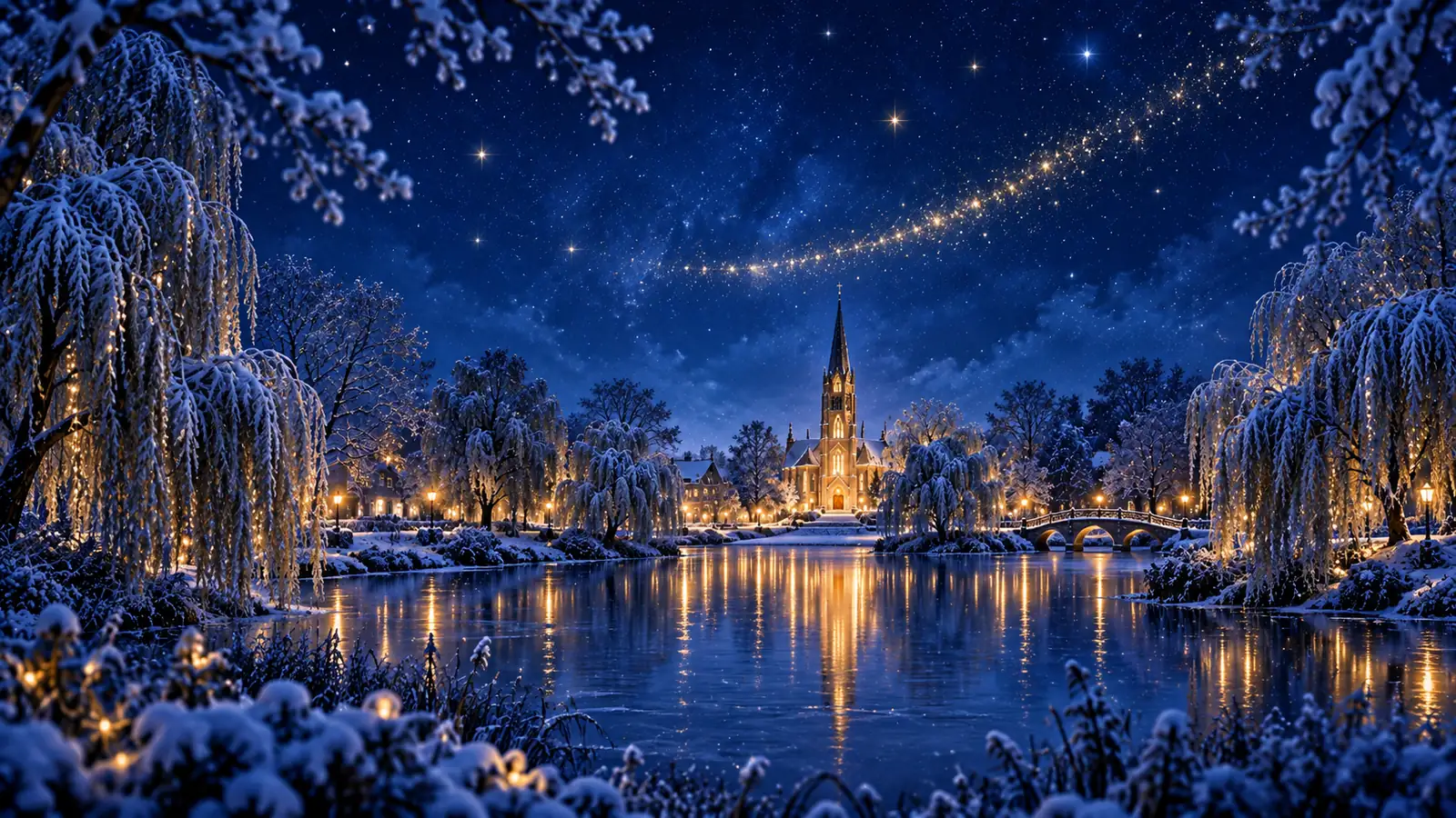Sfeerbeeld: winters meer met verlichte wilgen en in de verte de kerk, gezien door drie kerkramen