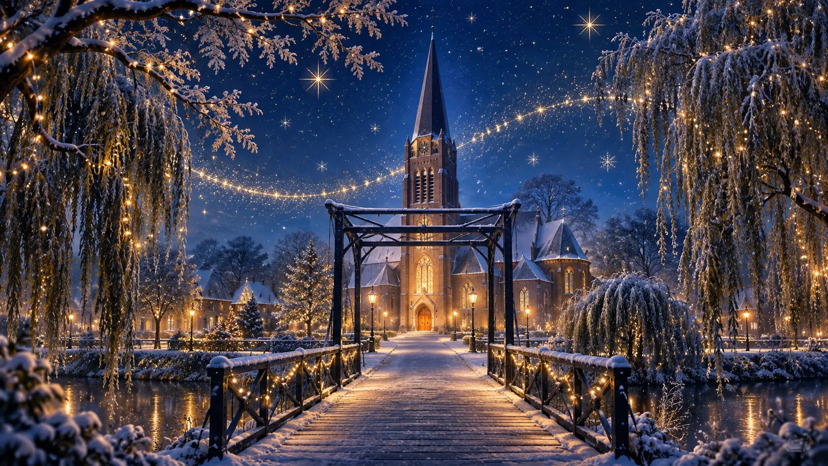 Sfeerbeeld: verlichte ophaalbrug in de sneeuw met de kerk op de achtergrond